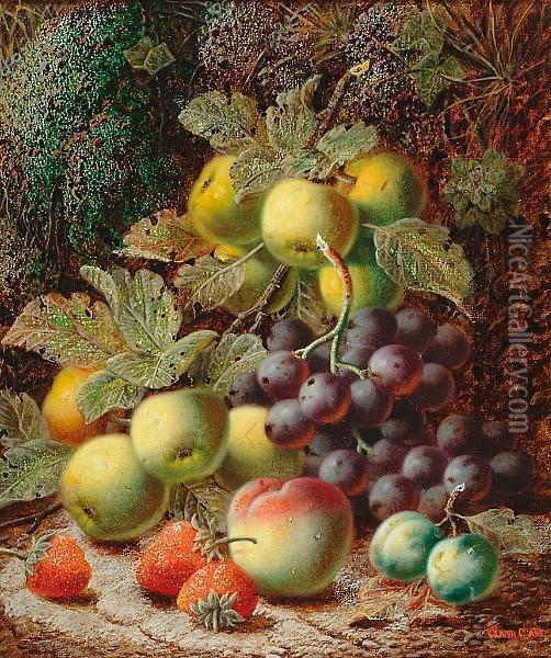 Still Life Of Mixed Fruit On A Mossy Bank Oil Painting - Oliver Clare