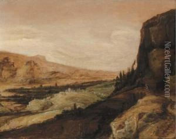 An Extensive Landscape With A Traveller On A Bridge Oil Painting - Tobias van Haecht (see Verhaecht)
