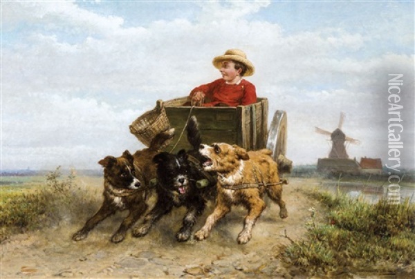 A Boy In His Dog-cart On A Moor Path Oil Painting - Henriette Ronner-Knip