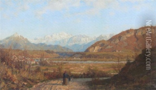 Le Mont Blanc Avec Le Cours De L'arve Avant Etrembieres Oil Painting - Edouard Jeanmaire