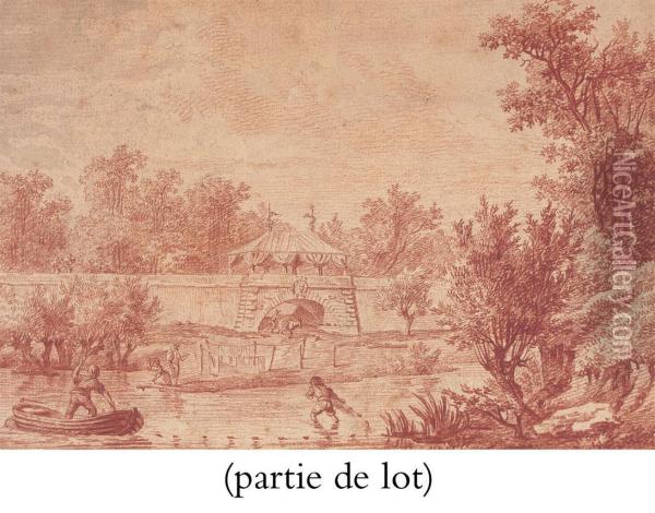 Paysage De Riviere, Un Mur Fortifie A L'arriere-plan Oil Painting - Nicolas-Charles De Silvestre