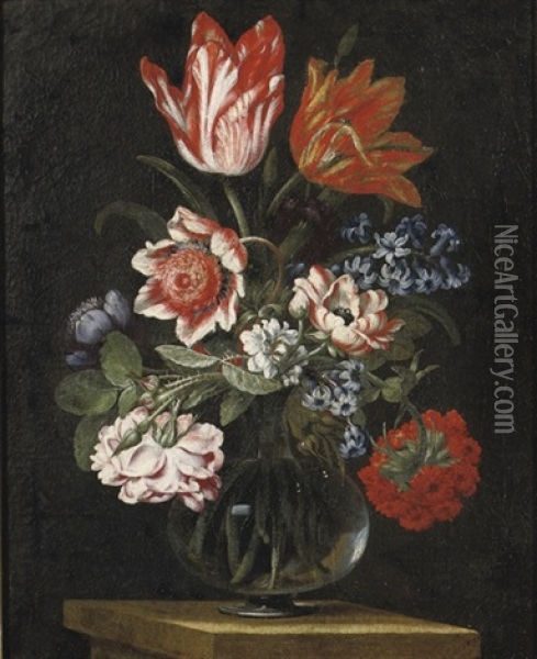 Tulips, A Rose, Violettes And Other Flowers In A Glass Vase On A Stone Ledge Oil Painting - Bartolommeo Ligozzi