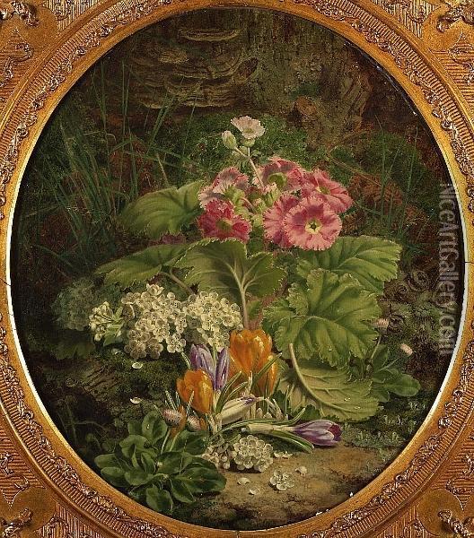 Still Life Of Crocuses And Other Flowers On A Mossy Bank Oil Painting - Thomas Worsey