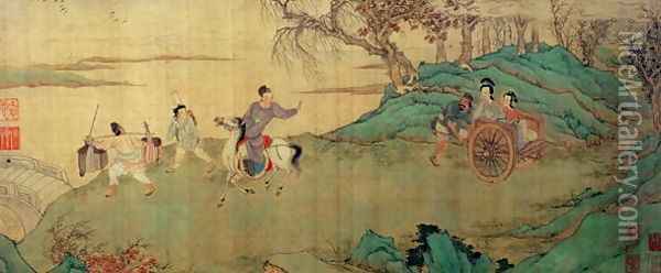 The Student Chang Bidding Farewell to his lover Ying Ying at the Rest Pavilion, detail of an illustration of Xi Xiang Ji (Romance of the Western Chamber) Oil Painting - Zhengming Wen