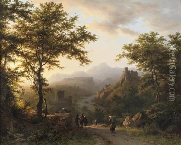 Een Bergachtig Landschap Bij Ondergaande Zon: Panoramic Landscape At Dusk Oil Painting - Barend Cornelis Koekkoek