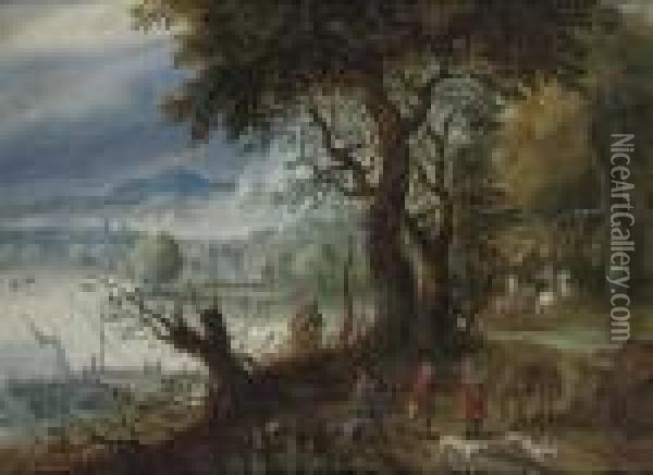 A Wooded River Landscape With A Hunting Party On A Track, Shipping And Villages Beyond Oil Painting - Jan The Elder Brueghel