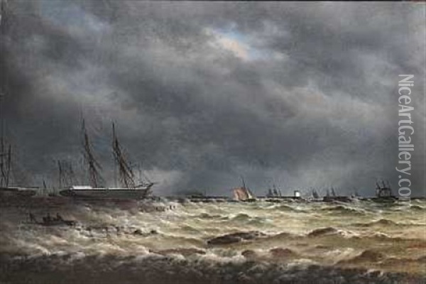 Marine Med Skibe Pa Bedding, Uvejrshimmel Oil Painting - Peder Nielsen Foss