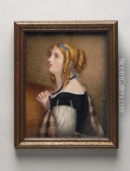 A Young Lady Praying, Having Fair Hair Tied With A Blue Ribbon And Wearing A Black And White Gown With Brown Striped Shawl Oil Painting - Emma Eleonora Kendrick