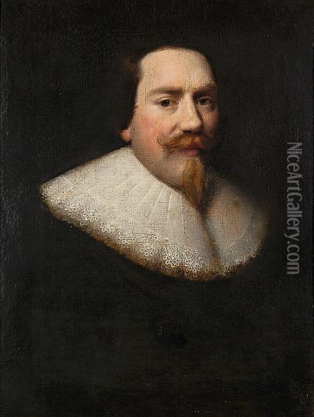 Portrait Of A Gentlemanin Black With A Lace Edged Ruff Oil Painting - Michiel Jansz. Van Miereveldt