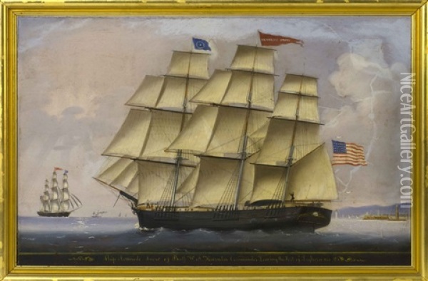 Ship Aramede Snow Of Bath W.a. Harnden Commander Leaving The Port Of Leghorn Oil Painting - Luigi P. Renault