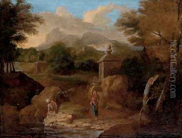 A classical wooded river landscape, with figures conversing on a track Oil Painting - Gaspard Dughet