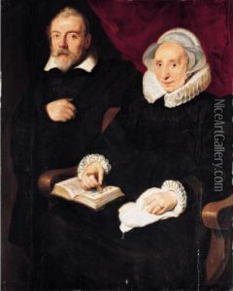 A Portrait Of Elisabeth Mertens,
 Seated Three-quarter Length Wearing Black With A White Ruff And Cape, 
And A Posthumous Portrait Of Her Late Husband, The Painter Frans 
Francken The Elder, Standing Next To Her Oil Painting - Cornelis De Vos