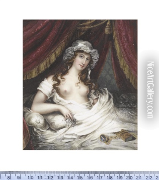 A Lady, Seated Before A Small Book And A Portrait Miniature Of A Gentleman Beneath The Canopy Of Her Bed, Wearing Open Chemise And White Lace Cap, Her Brown Curls Falling Over Her Shoulders Oil Painting - Anne Mee