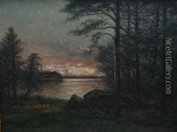 Insjolandskap I Skymning Oil Painting - Johan Severin Nilsson