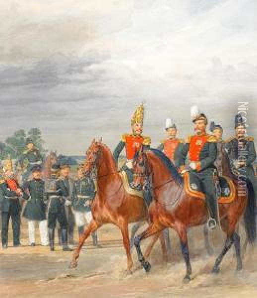Mounted Officers And Men Oil Painting - Karl Karlovich Piratsky