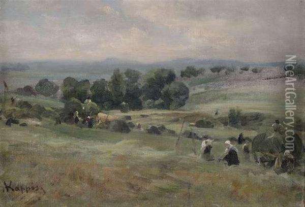 Hay Harvest In An Extensive Landscape Oil Painting - Albert Kappis