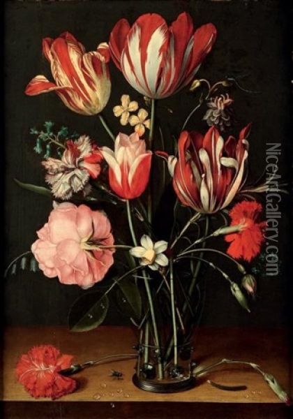 Bouquet De Tulipes Avec Une Rose Et Des Oeillets Dans Un Gobelet De Verre Oil Painting - Jacob van Hulsdonck