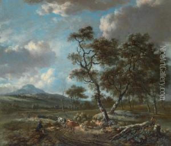 Landscape With Cattle Being Driven Along A Country Road Oil Painting - Jan Wijnants