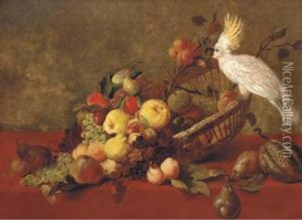 Apples, Peaches, Pears, Grapes And Other Fruit In A Basket On Adraped Table With A Cockatoo Oil Painting - James Charles Ward