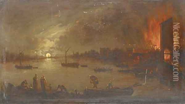 A river landscape by moonlight with people abandoning a blazing village Oil Painting - Aert van der Neer