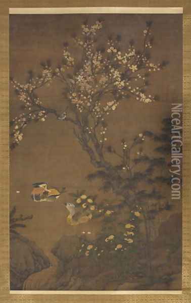 Mandarin Ducks under Peach Blossoms, Yuan Dynasty Oil Painting - Wang Yuan