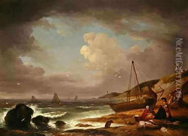 Coastal Scene with Men Mending a Boat Oil Painting - George Morland