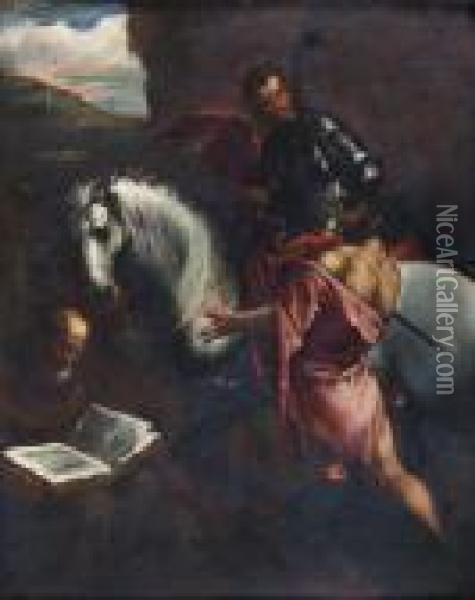 Saint Martin Donnant Son Manteau A Un Mendiant Et Saint Francoisd'assise Lisant Oil Painting - Pedro De Orrente