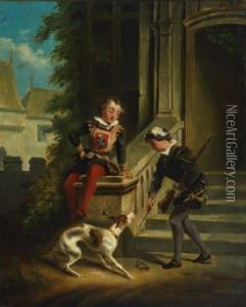 Young Page And Swordsman Leashing An Unruly Hound Oil Painting - John Pettie