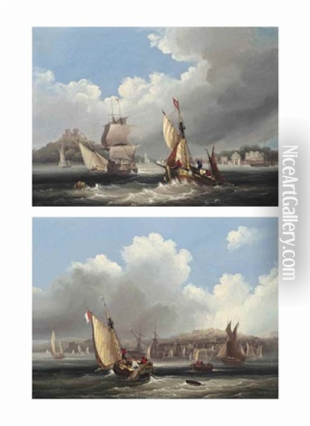 Congested Waters Off Cowes; And Fishermen Hauling In The Nets, Ryde Oil Painting - Frederick Calvert