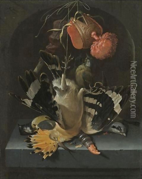 Still Life With A Hoopoe, A Great Tit, A Falconry Hood And A Decoy Whistle All Arranged Within A Stone Niche Oil Painting - Abraham Mignon