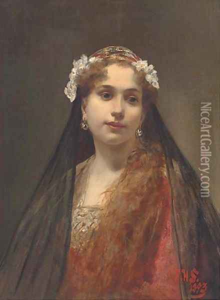 A young maiden dressed in a floral veil Oil Painting - Alois Hans Schram