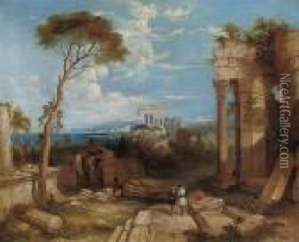 A Classical Coastal Landscape With Ruins And Figures In The Foreground Oil Painting - William Leighton Leitch