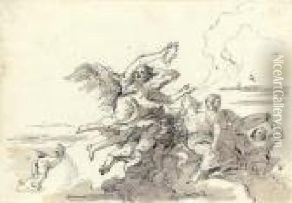 An Angel With A Victor's Crown 
In The Clouds, Putti, A Young Coupleand Another Figure Offering A Dish Oil Painting - Giovanni Domenico Tiepolo