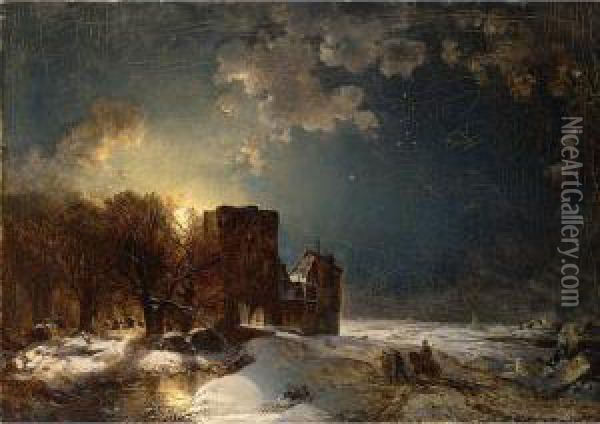 Soldiers Returning To Their Fort In A Moonlit Winter Landscape Oil Painting - Carl Hilgers