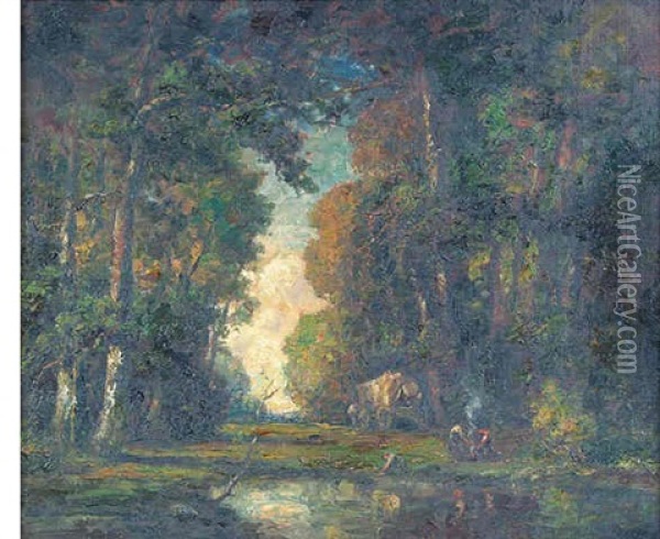 Landscape With Figures In A Forest Interior Oil Painting - Frederick Leo Hunter