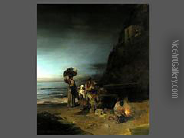 Uferszene An Der Kuste Von Amalfi
Mit Blick Auf Den Vesuv Oil Painting - Oswald Achenbach