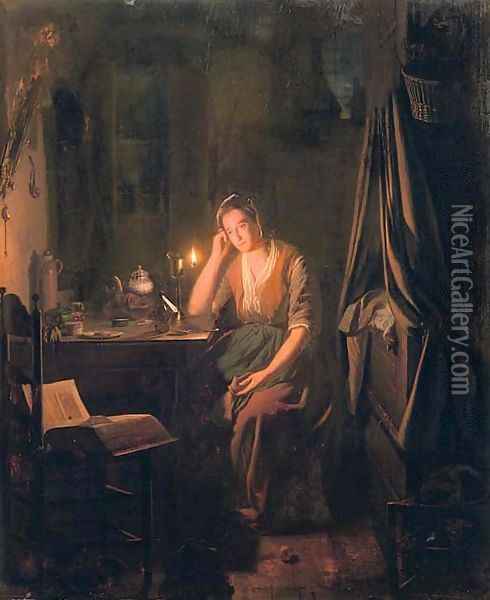 A seated lady by candlelight Oil Painting - Johannes Rosierse