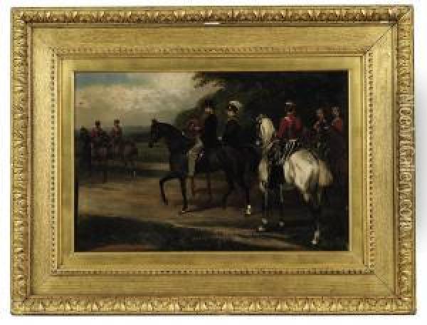 Portrait Of John Poyntz, 5th Earl Spencer (1835-1910) Riding Withtroopers In Dublin Oil Painting - William Osborne