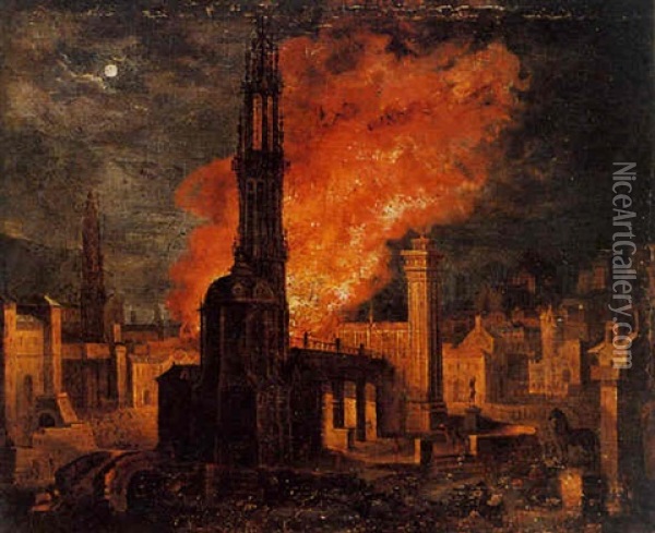 The Burning Of The City Of Troy Oil Painting - Daniel van Heil