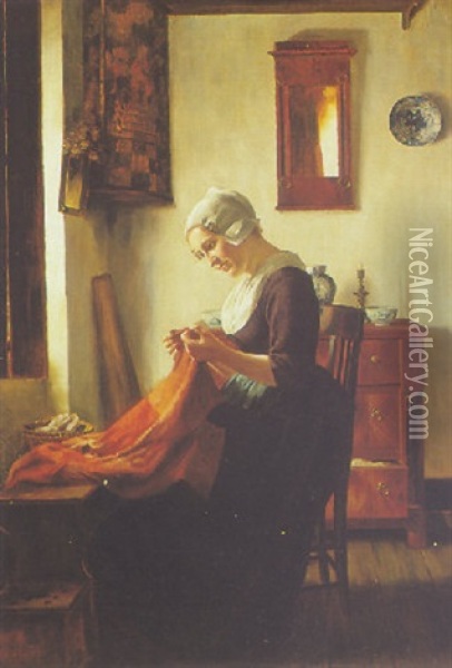 A Girl Mending Oil Painting - Otto Kirberg