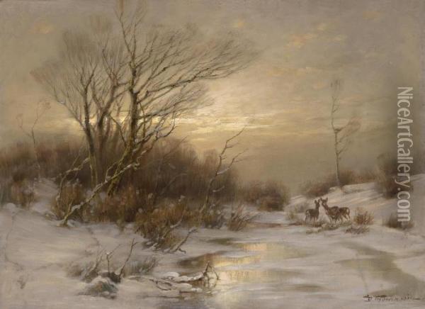 Deer In A Winter Landscape Oil Painting - Desire Tomassin