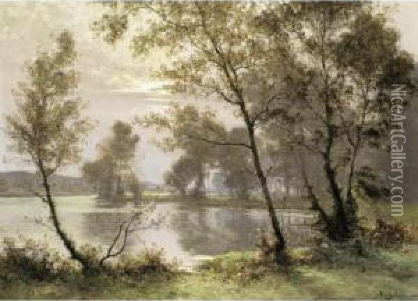 The Riverbank At Sunrise Oil Painting - Albert Gabriel Rigolot