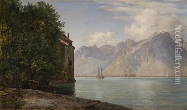 Chateau De Chillon, Lake Geneva Oil Painting - Janus la Cour