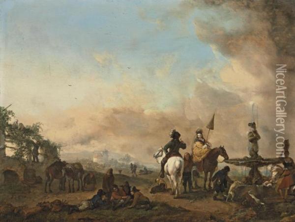 A Hawking Party Resting By A Fountain Oil Painting - Pieter Wouwermans or Wouwerman