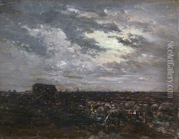 Moutons Sur La Lande Au Clair De Lune Oil Painting - Jean-Ferdinand Chaigneau