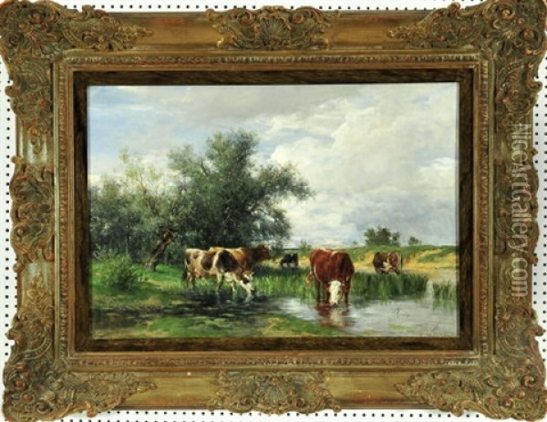 Kuhe Im Flachen Wasser Eines Flusses Oil Painting - Victor Weishaupt