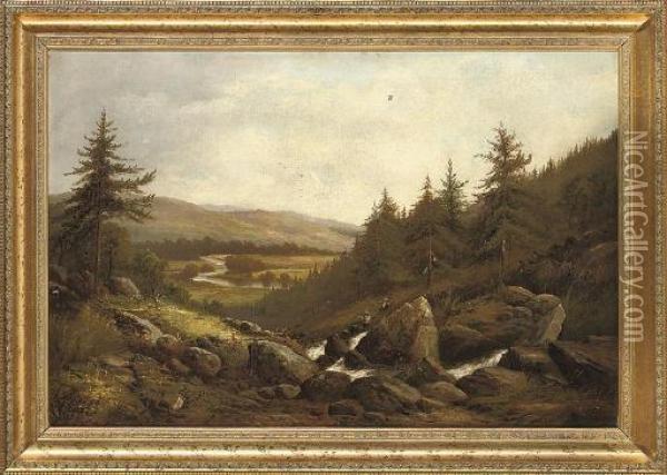 Fishing In A Rocky Stream, Betts-y-coed Oil Painting - David Bates