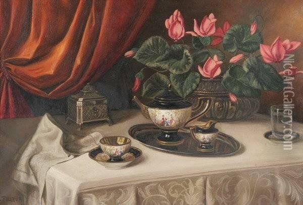 Still Life With Continental China Oil Painting - C. Fellner
