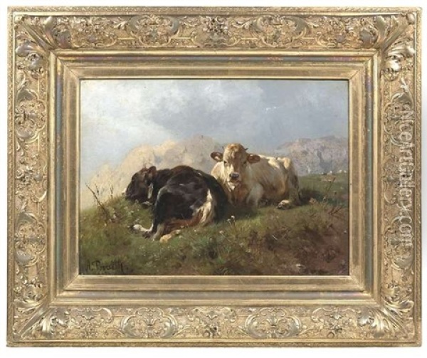 Zwei Lagernde Kuhe Vor Gebirgslandschaft Oil Painting - Anton Braith