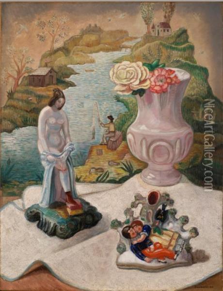 Porcelain Figures And Flowers Oil Painting - Sergei Yur Evich Sudeikin